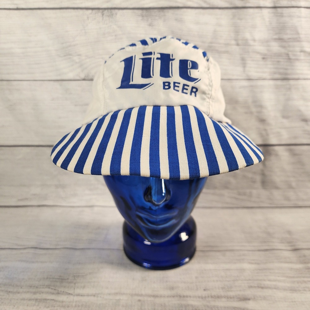 Vintage Miller Lite Beer Painter Hat Blue White Striped Made in USA Retro Cap